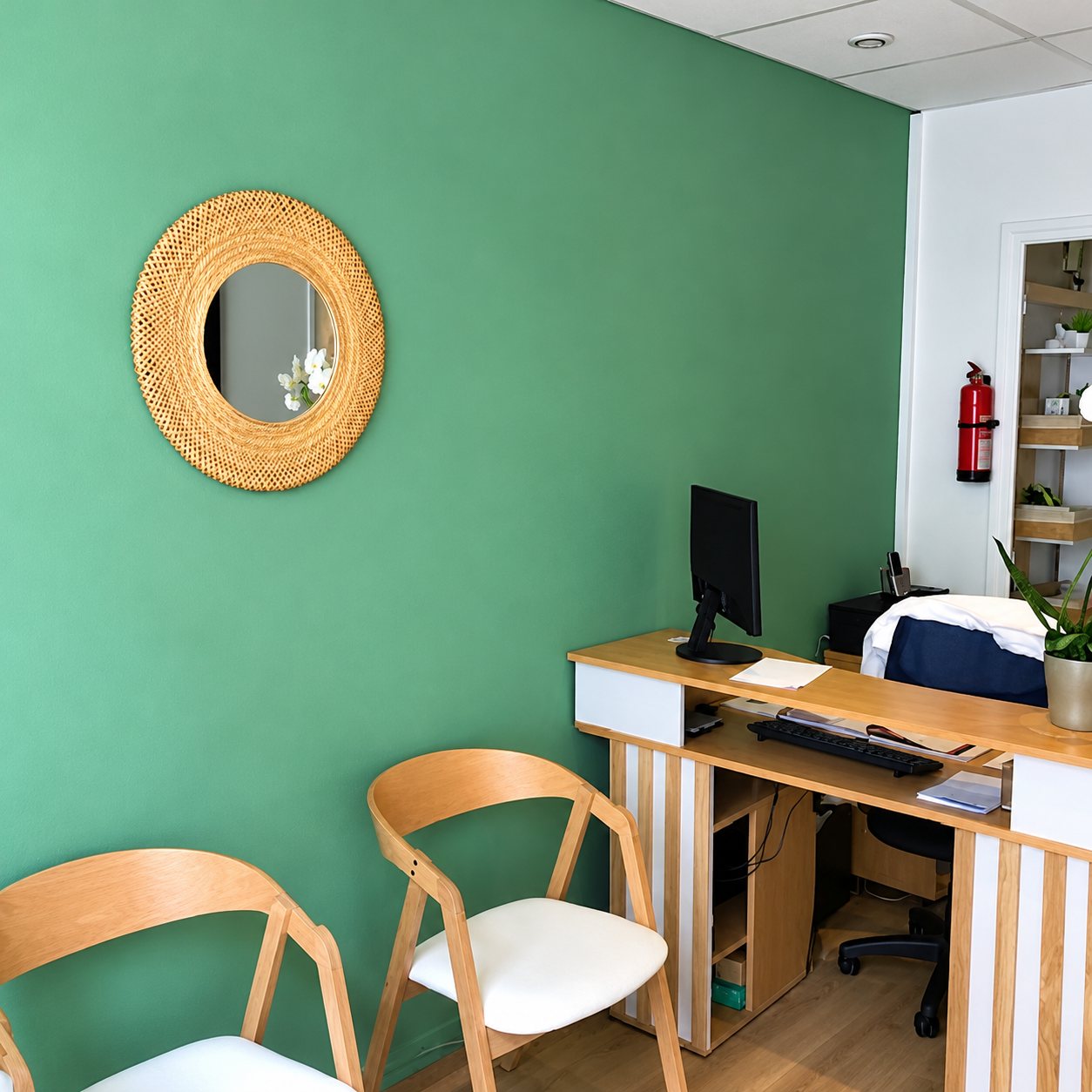 Un coin d'accueil aux murs verts avec un miroir rond en rotin, deux chaises en bois et un comptoir en bois clair équipé d'un ordinateur.